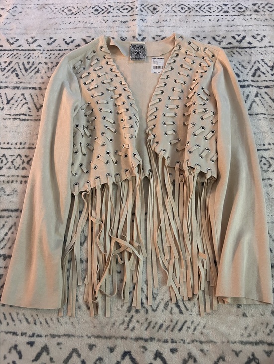 Vocal Jackets & Blazers - Vocal Natural Color Fringe Lace-Up Jacket Size Small